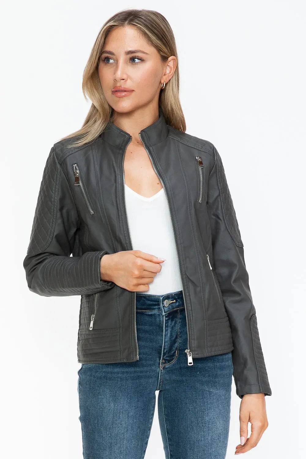 Snobbish Faux Leather Zip Up Mock Neck Jacket - Velveta Studio