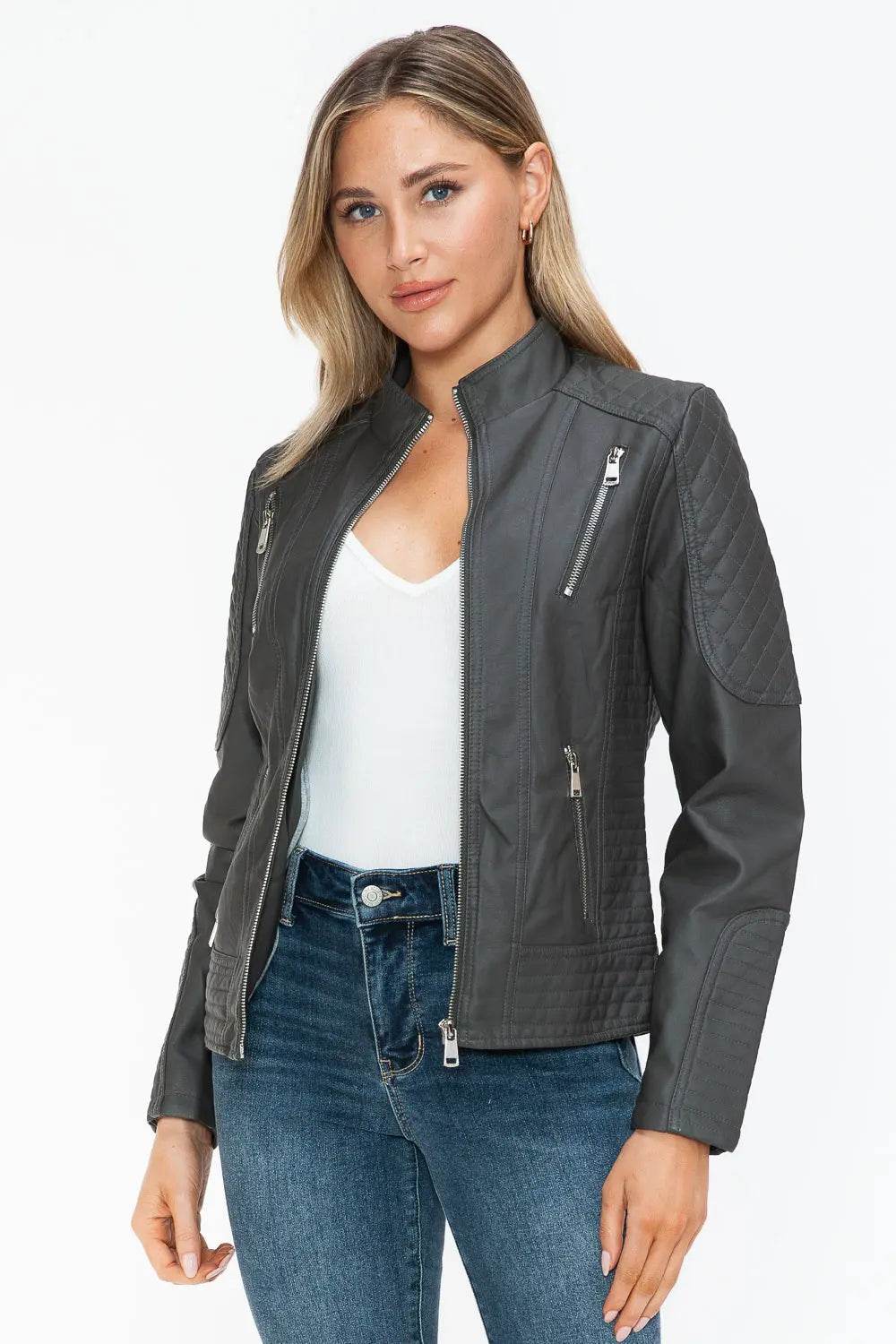 Snobbish Faux Leather Zip Up Mock Neck Jacket - Velveta Studio