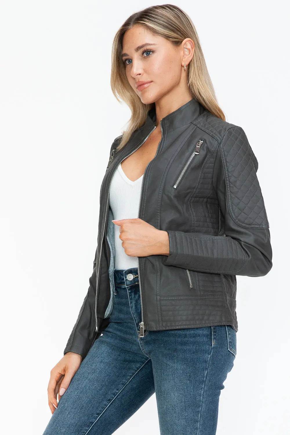 Snobbish Faux Leather Zip Up Mock Neck Jacket - Velveta Studio
