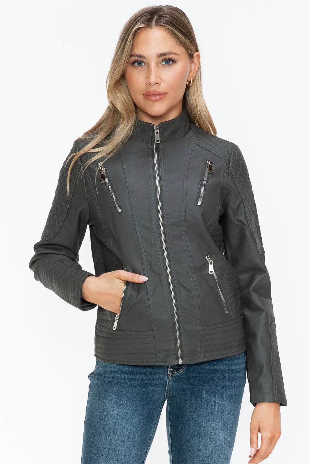 Snobbish Faux Leather Zip Up Mock Neck Jacket - Velveta Studio