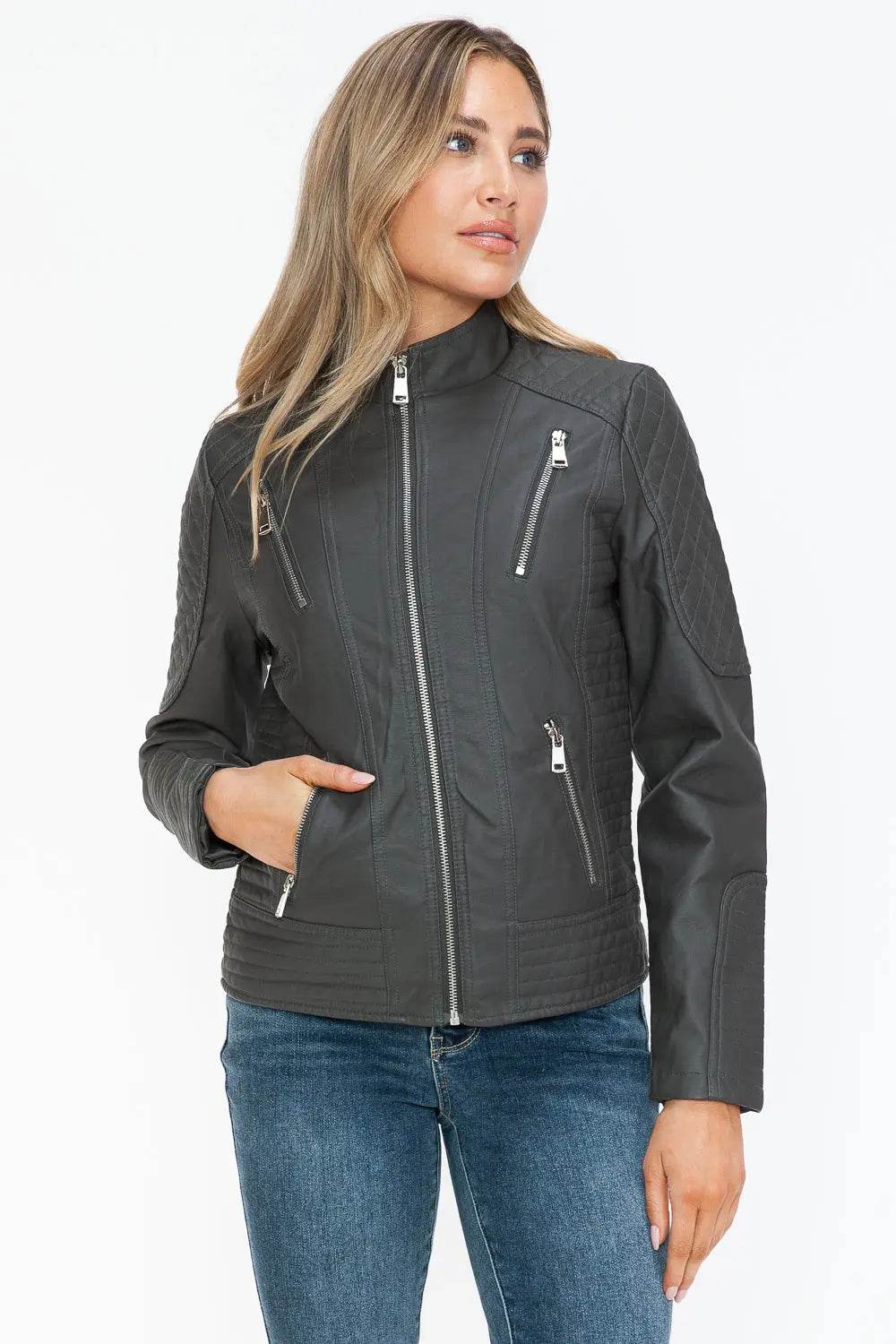 Snobbish Faux Leather Zip Up Mock Neck Jacket - Velveta Studio