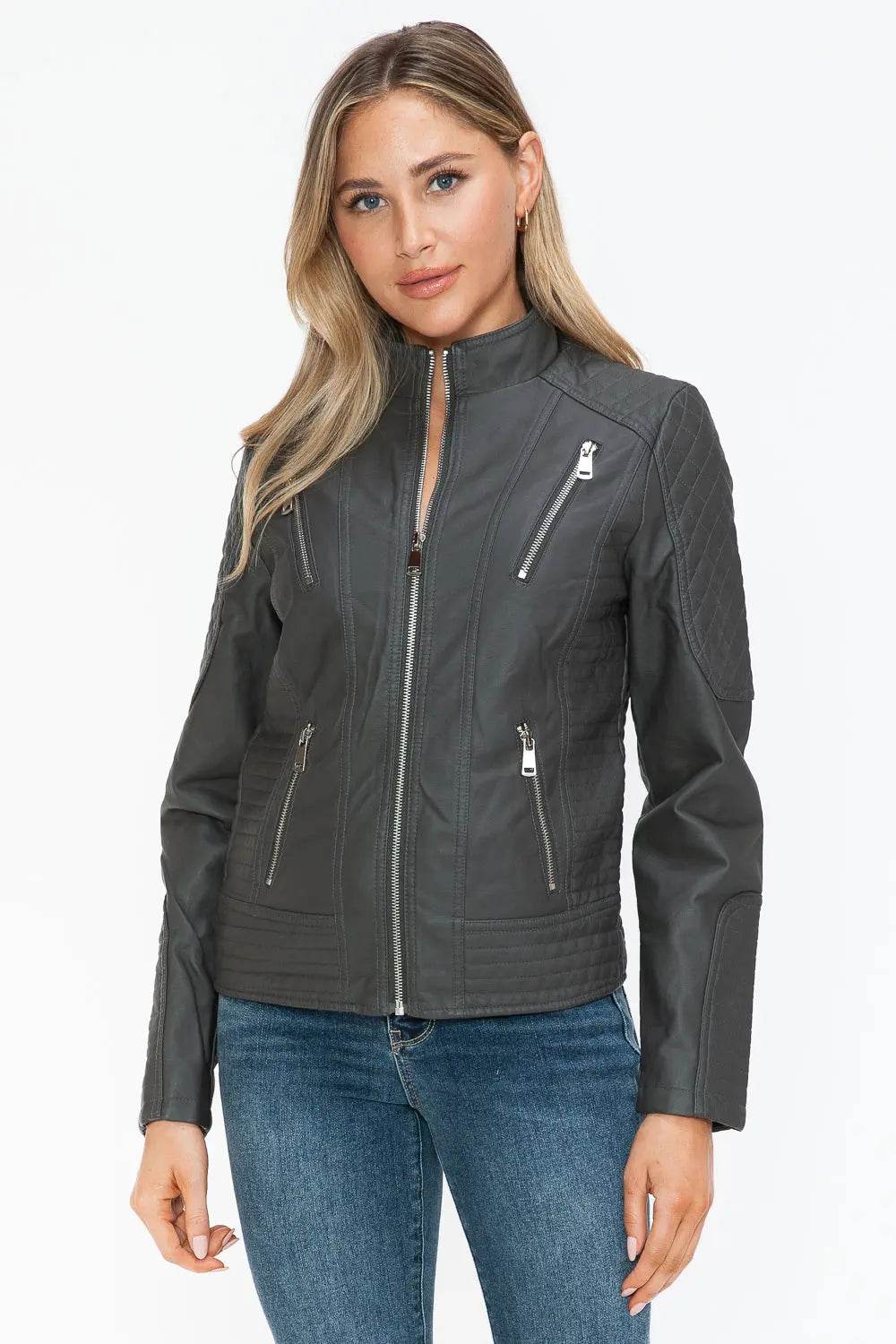 Snobbish Faux Leather Zip Up Mock Neck Jacket - Velveta Studio