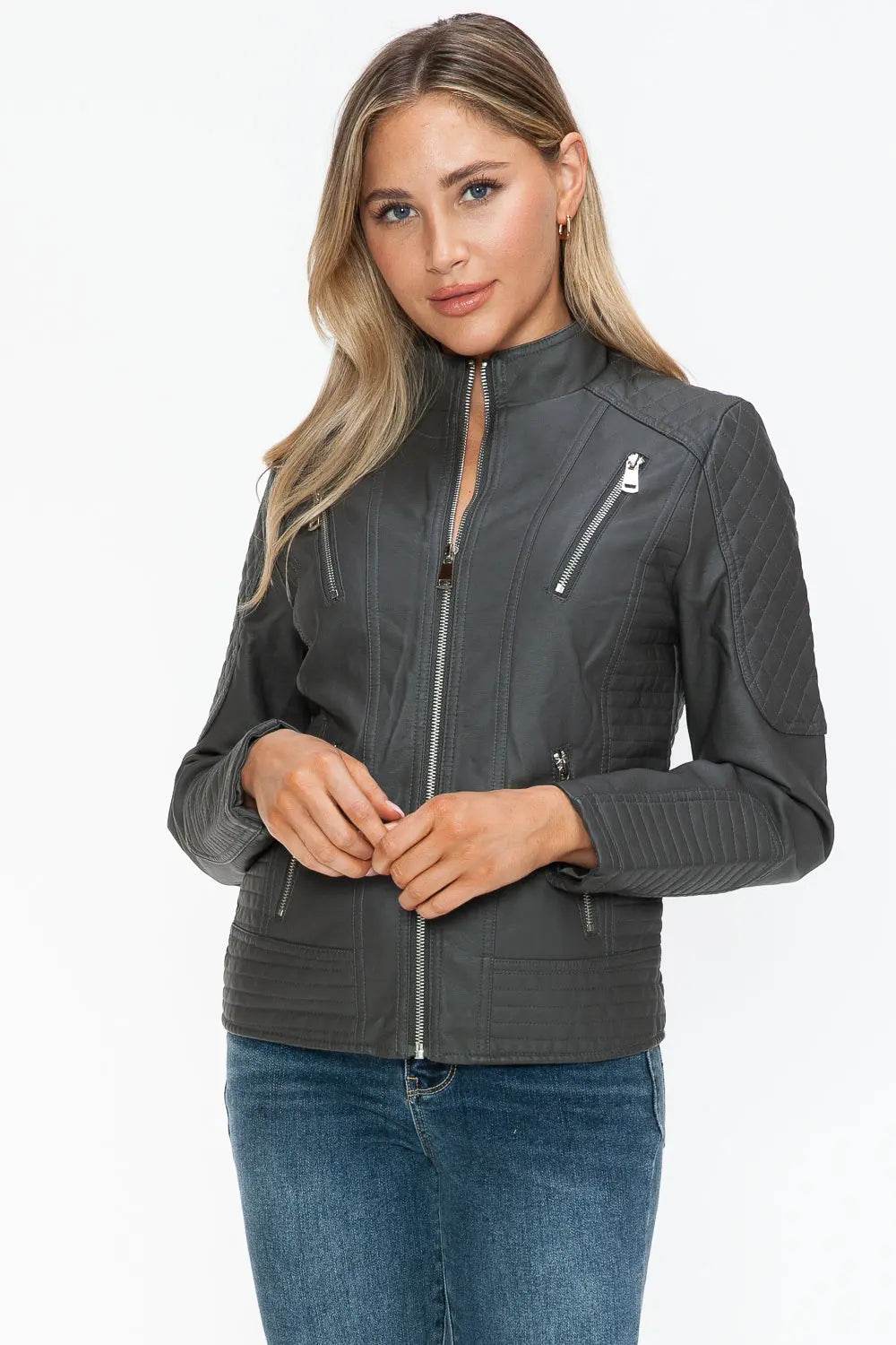 Snobbish Faux Leather Zip Up Mock Neck Jacket - Velveta Studio