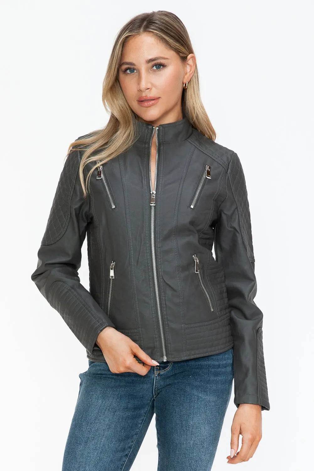 Snobbish Faux Leather Zip Up Mock Neck Jacket - Velveta Studio
