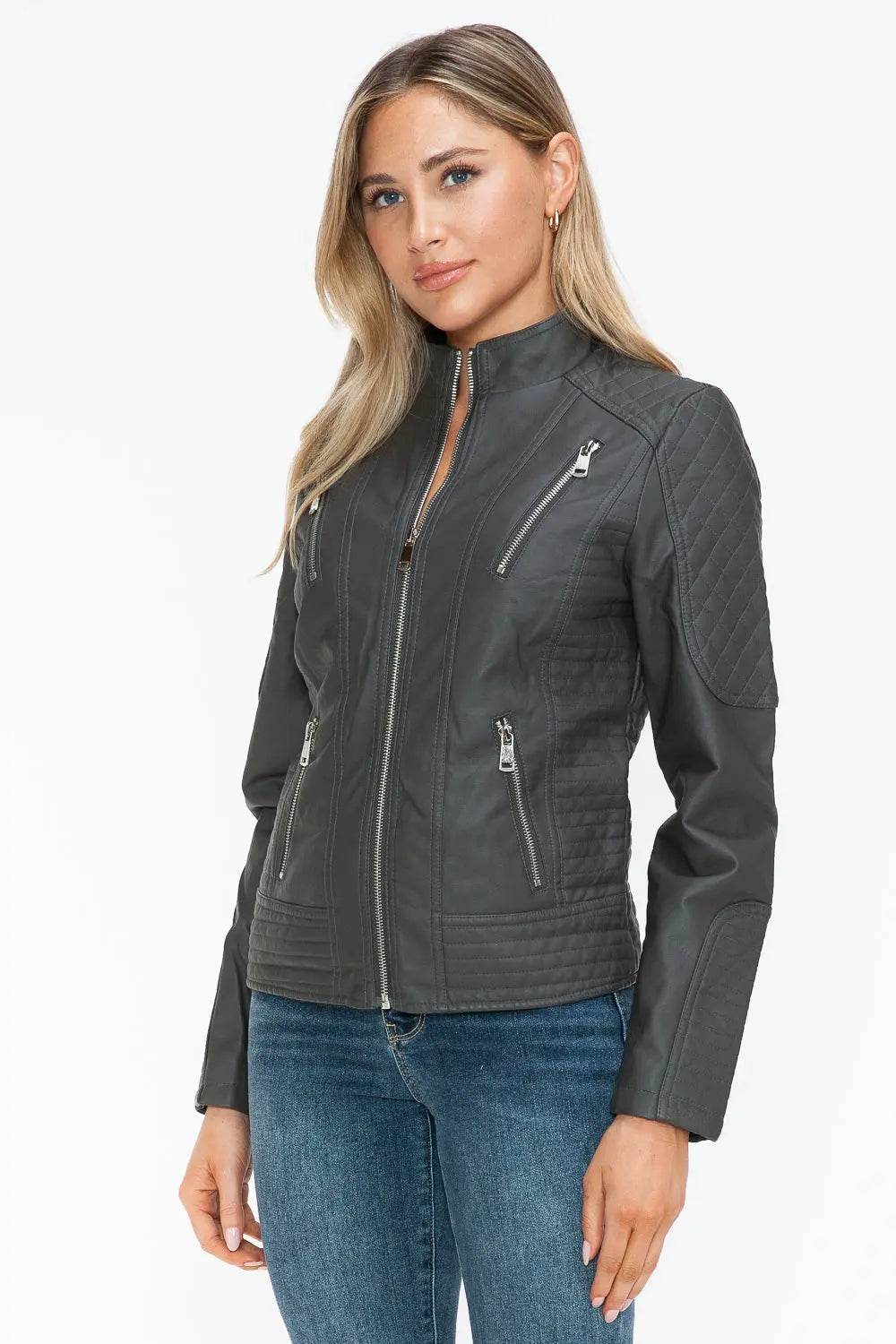 Snobbish Faux Leather Zip Up Mock Neck Jacket - Velveta Studio