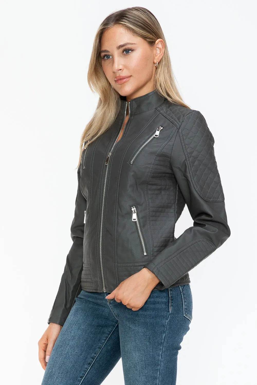 Snobbish Faux Leather Zip Up Mock Neck Jacket - Velveta Studio