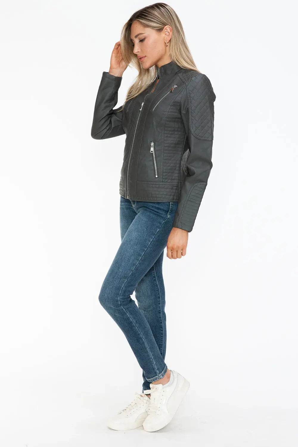 Snobbish Faux Leather Zip Up Mock Neck Jacket - Velveta Studio