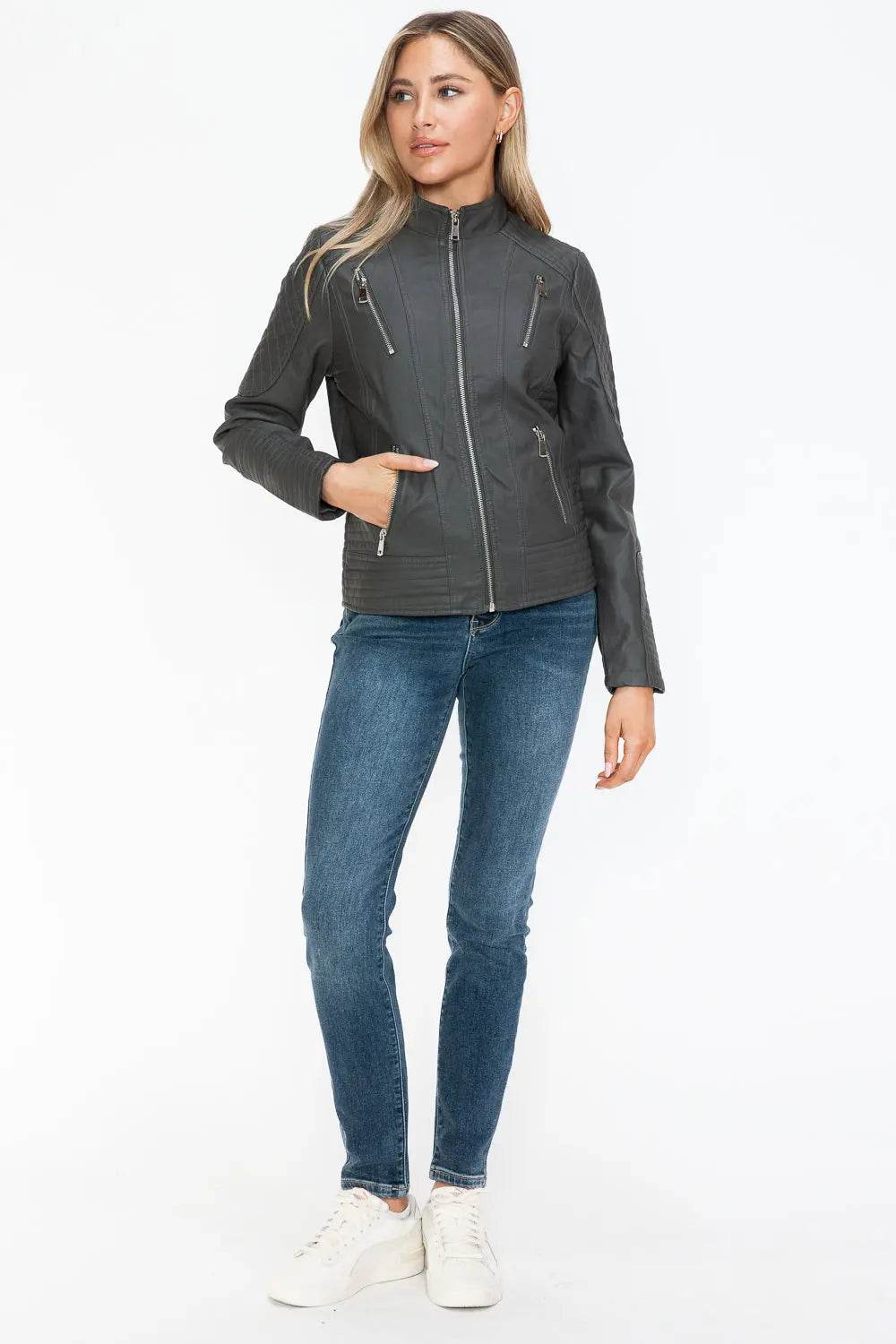 Snobbish Faux Leather Zip Up Mock Neck Jacket - Velveta Studio