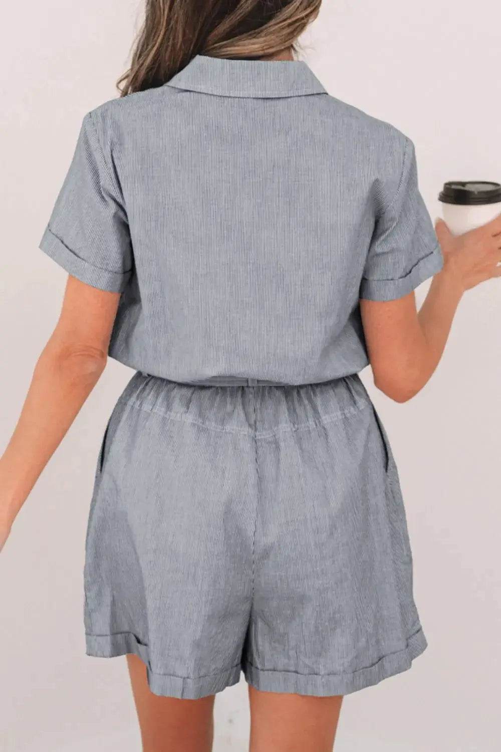 Stripe Chest Pockets Tie Waist Romper - Velveta Studio