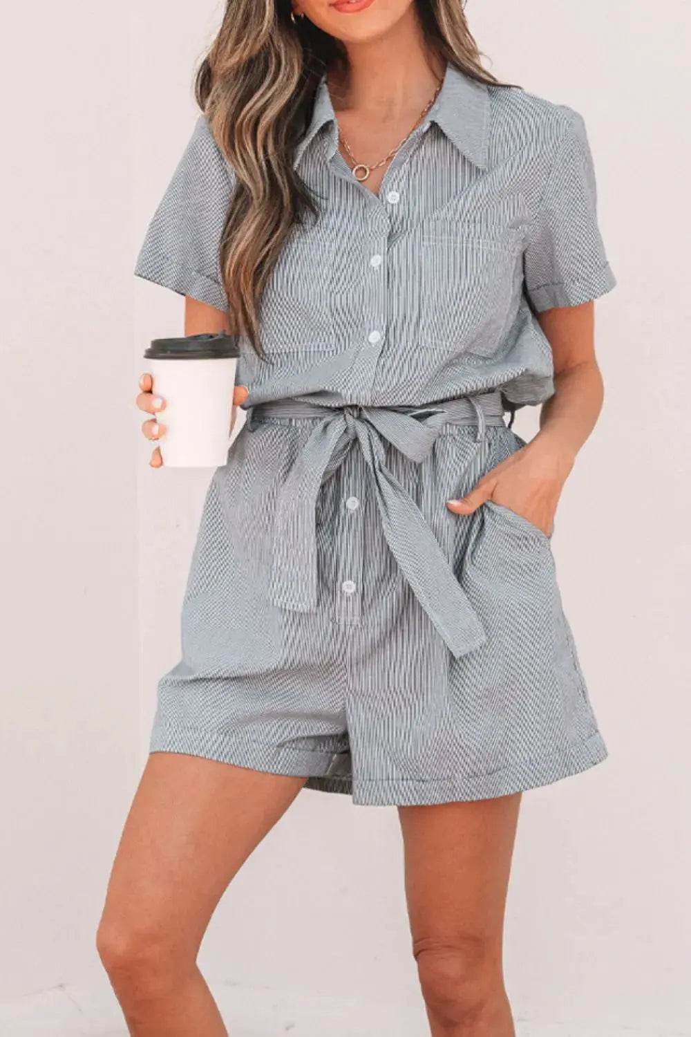 Stripe Chest Pockets Tie Waist Romper - Velveta Studio