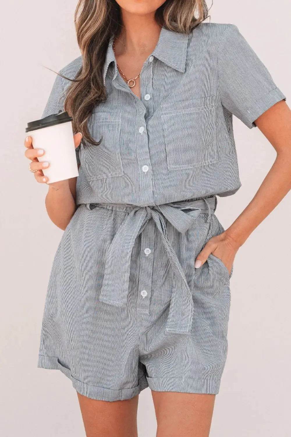 Stripe Chest Pockets Tie Waist Romper - Velveta Studio