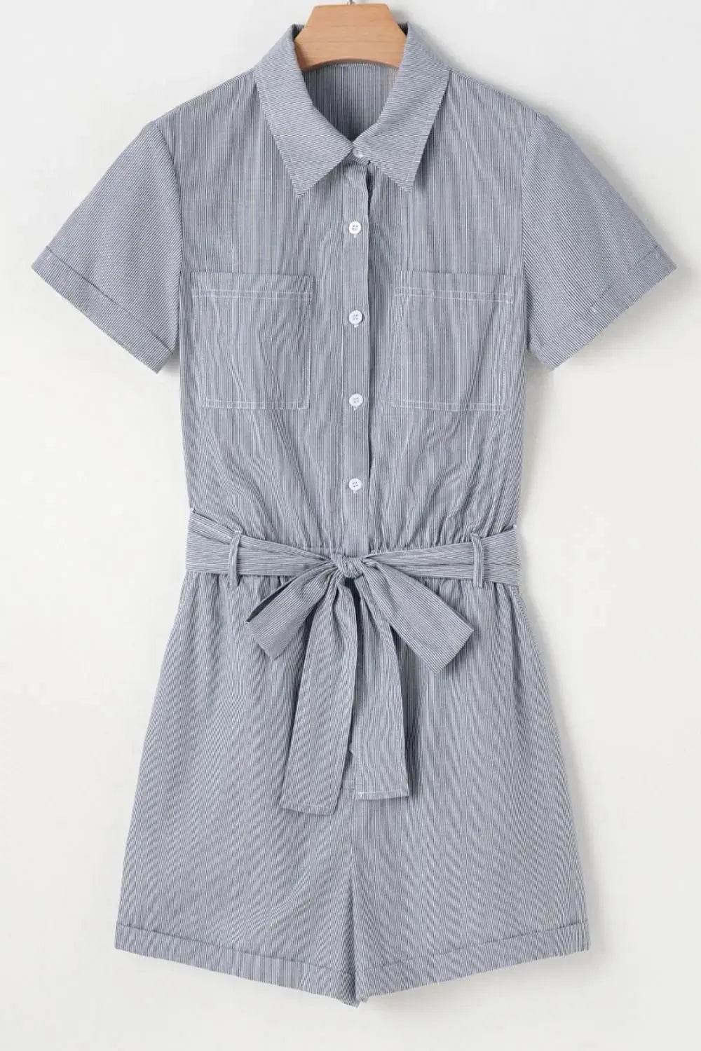 Stripe Chest Pockets Tie Waist Romper - Velveta Studio