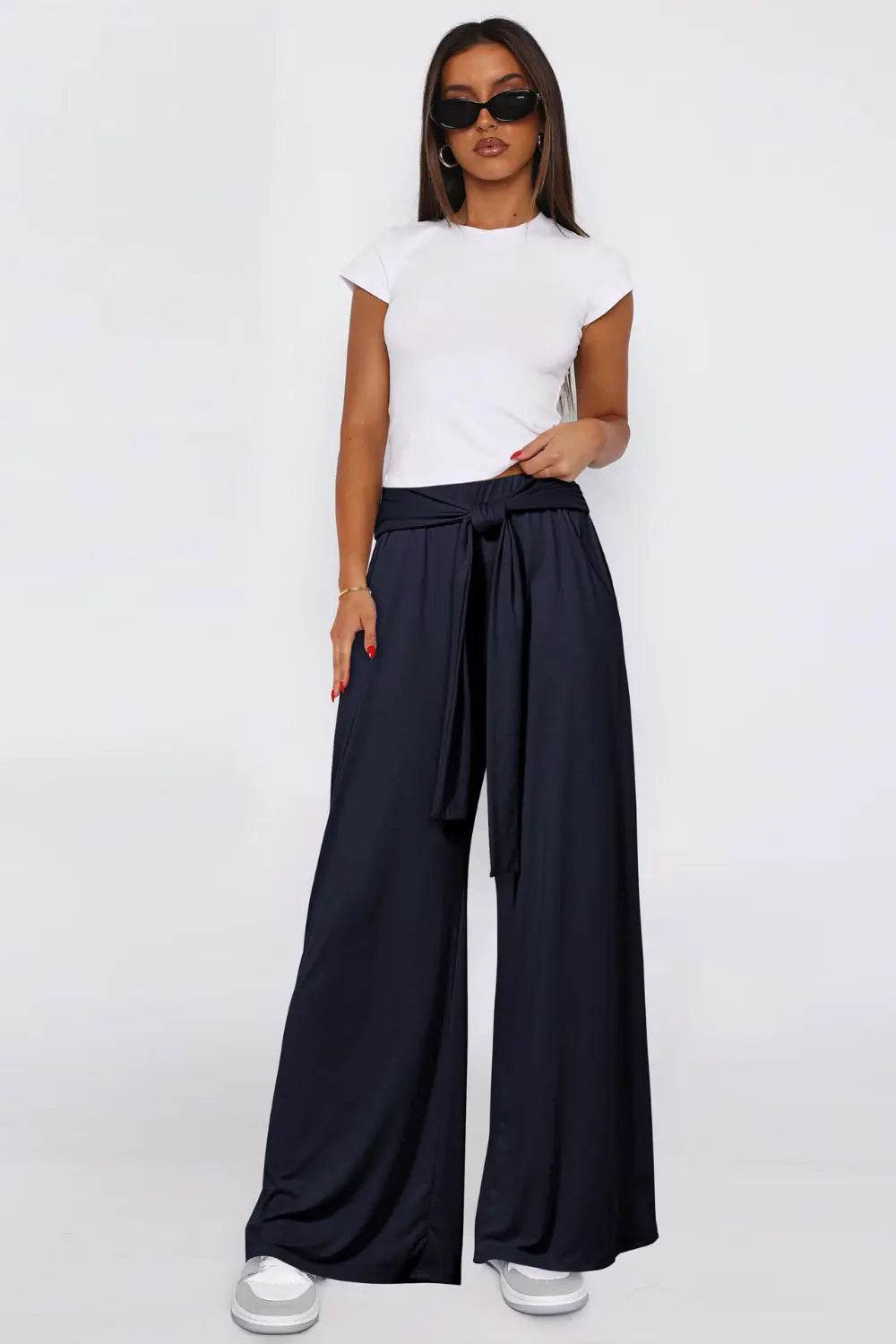 Tied Wide Leg Pants with Pockets - Velveta Studio