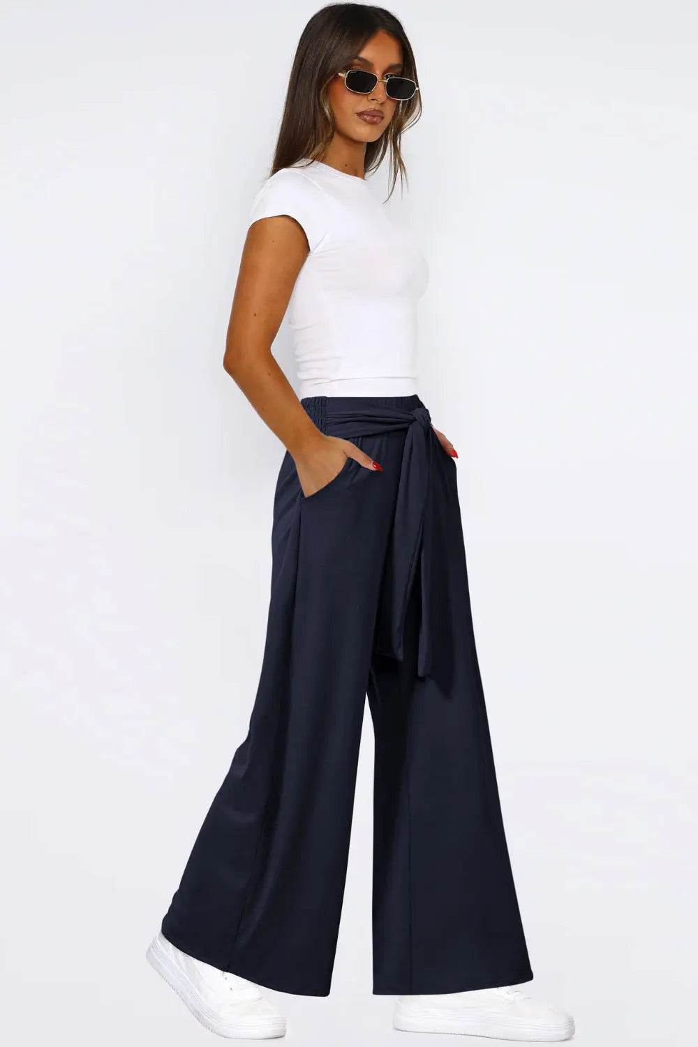 Tied Wide Leg Pants with Pockets - Velveta Studio