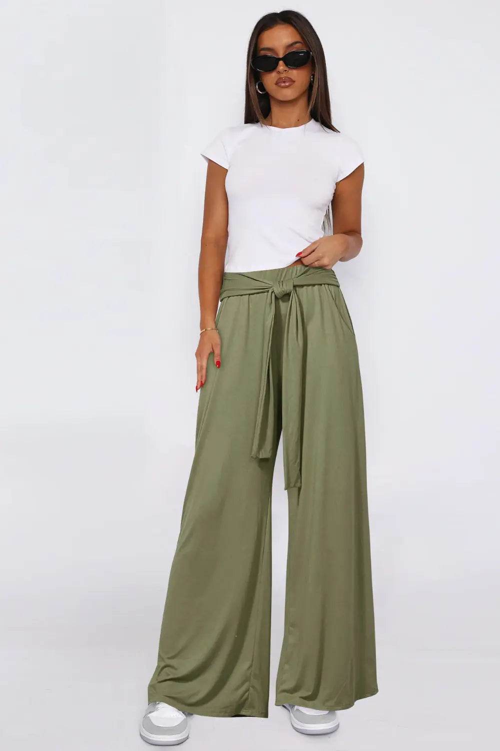 Tied Wide Leg Pants with Pockets - Velveta Studio