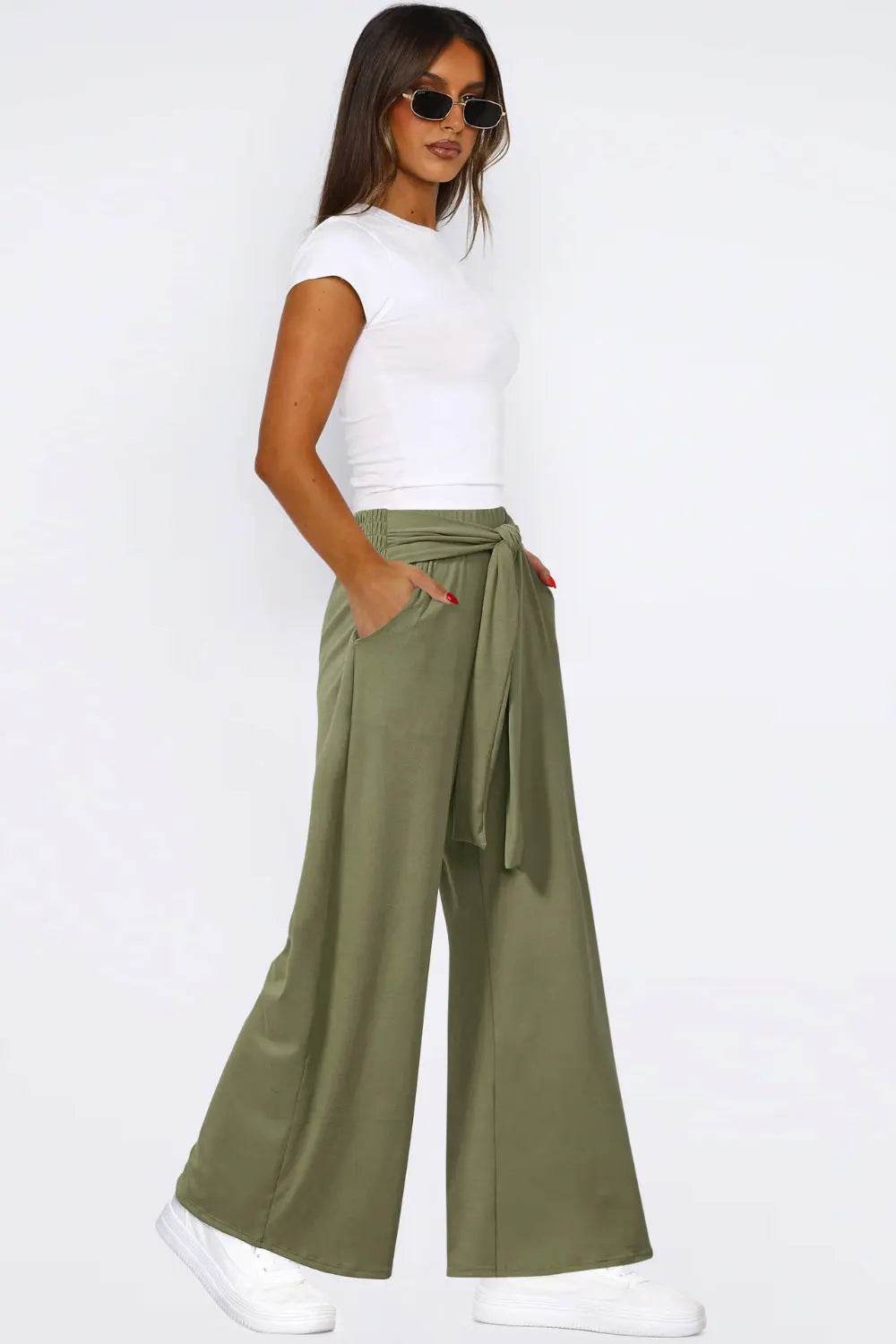 Tied Wide Leg Pants with Pockets - Velveta Studio