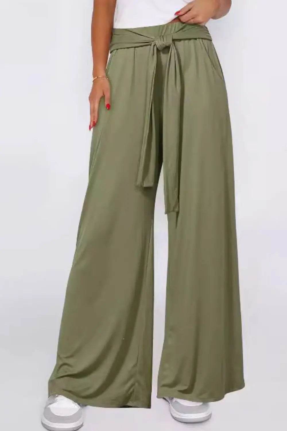 Tied Wide Leg Pants with Pockets - Velveta Studio