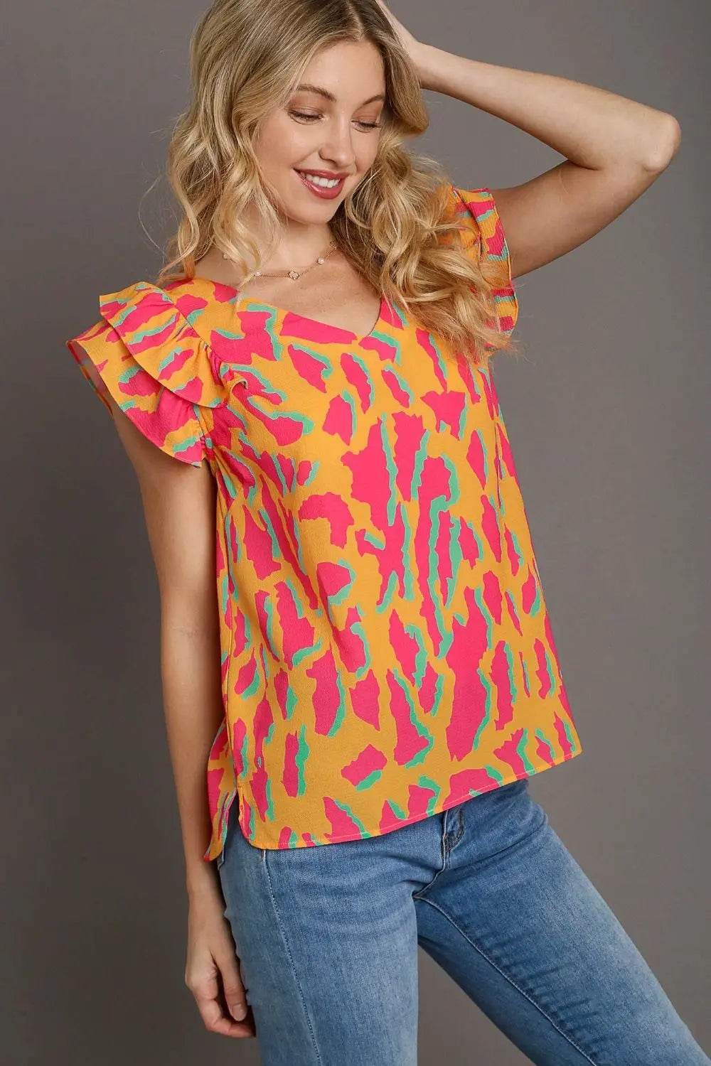 Umgee Full Size Abstract Print V-Neck Double Layer Ruffle Sleeve Blouse Plus Size - Velveta Studio