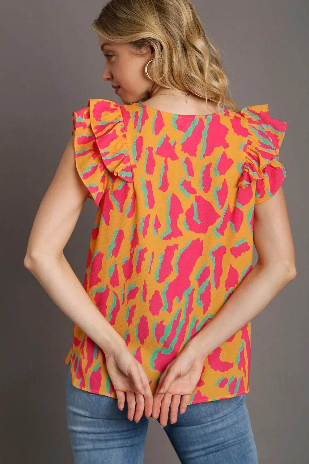 Umgee Full Size Abstract Print V-Neck Double Layer Ruffle Sleeve Blouse Plus Size - Velveta Studio