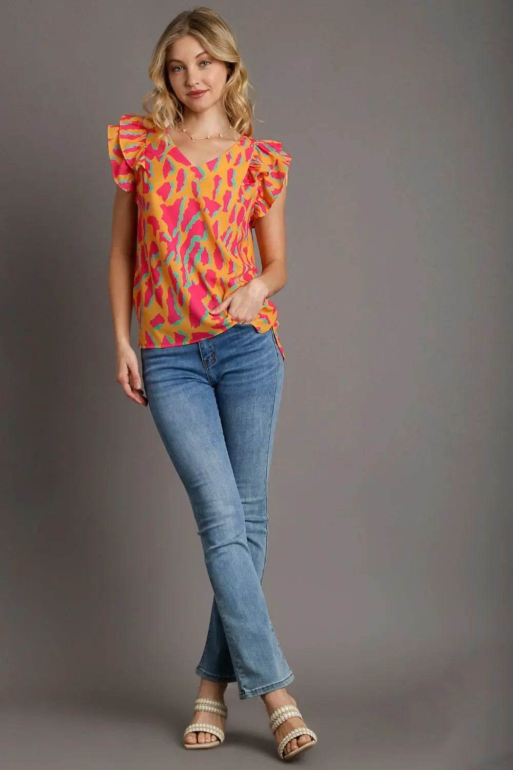 Umgee Full Size Abstract Print V-Neck Double Layer Ruffle Sleeve Blouse Plus Size - Velveta Studio