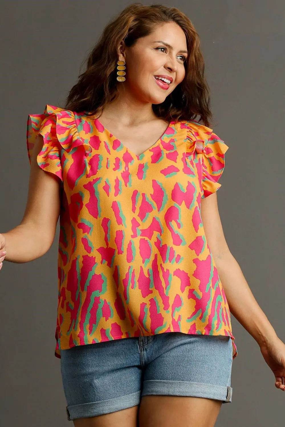 Umgee Full Size Abstract Print V-Neck Double Layer Ruffle Sleeve Blouse Plus Size - Velveta Studio