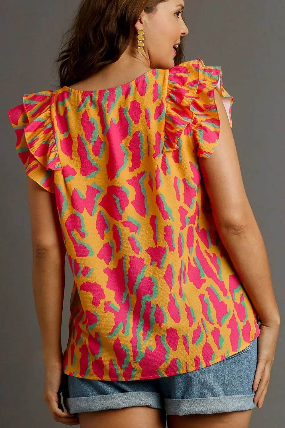 Umgee Full Size Abstract Print V-Neck Double Layer Ruffle Sleeve Blouse Plus Size - Velveta Studio