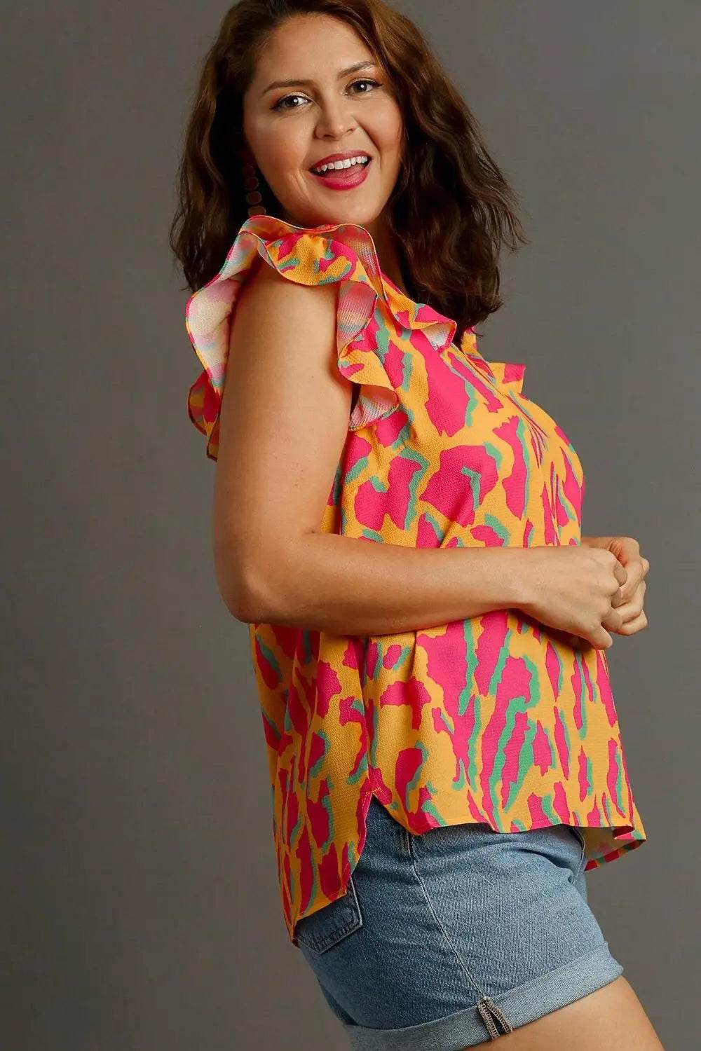 Umgee Full Size Abstract Print V-Neck Double Layer Ruffle Sleeve Blouse Plus Size - Velveta Studio