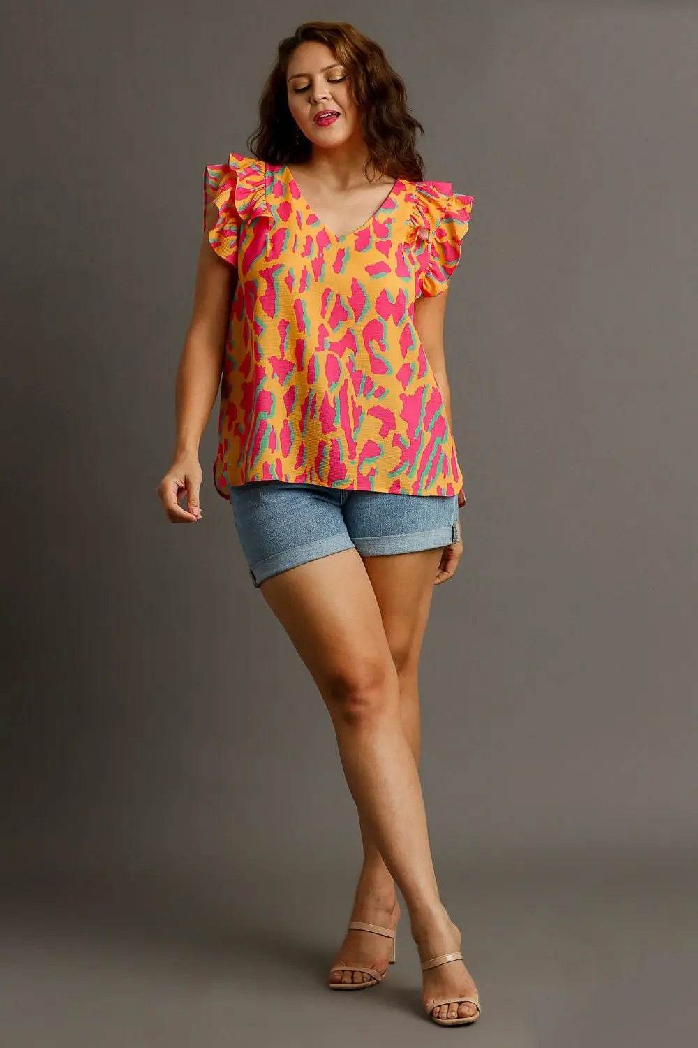 Umgee Full Size Abstract Print V-Neck Double Layer Ruffle Sleeve Blouse Plus Size - Velveta Studio