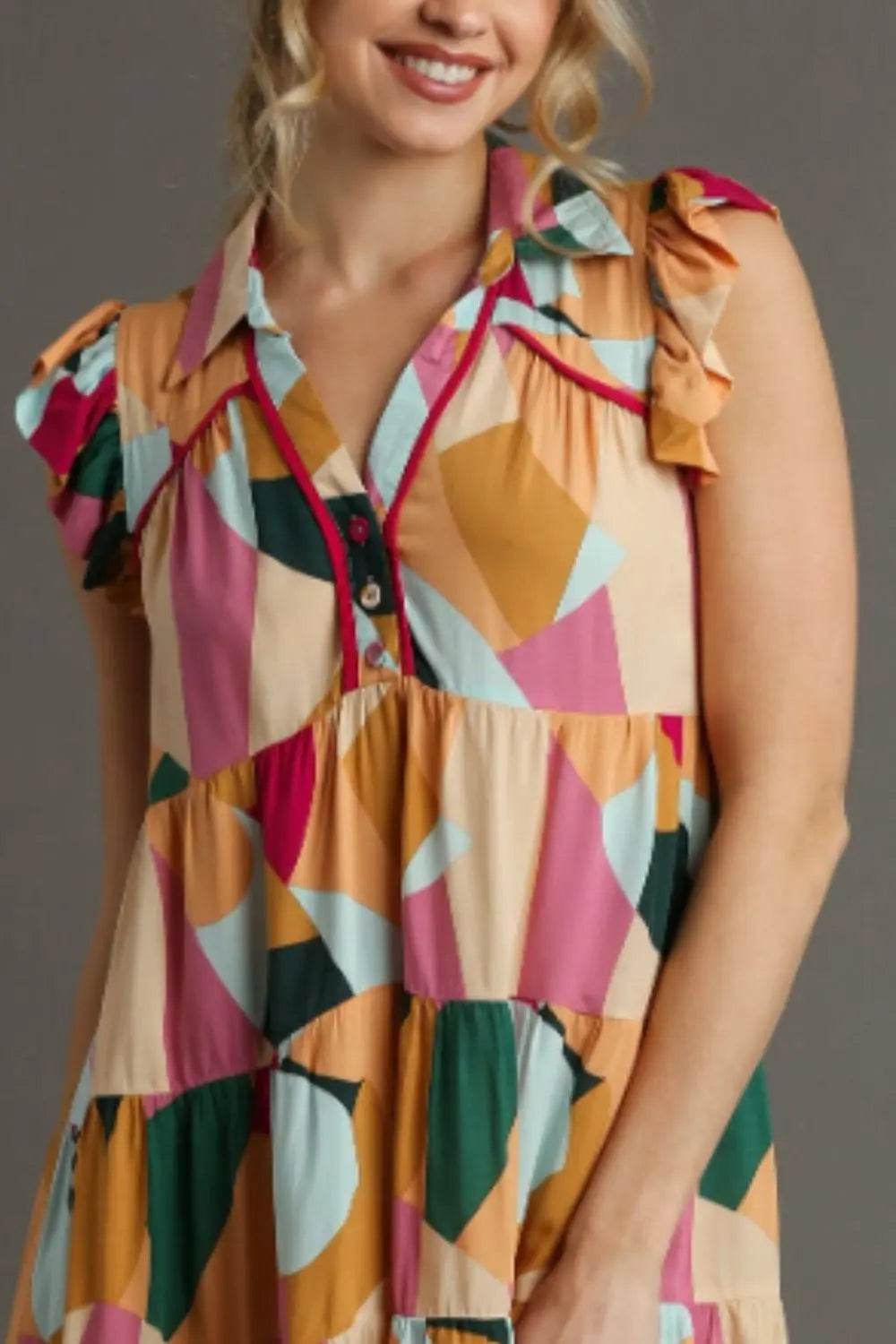 Umgee Full Size Button Detail Ruffle Sleeve Mini Dress Plus Size - Velveta Studio