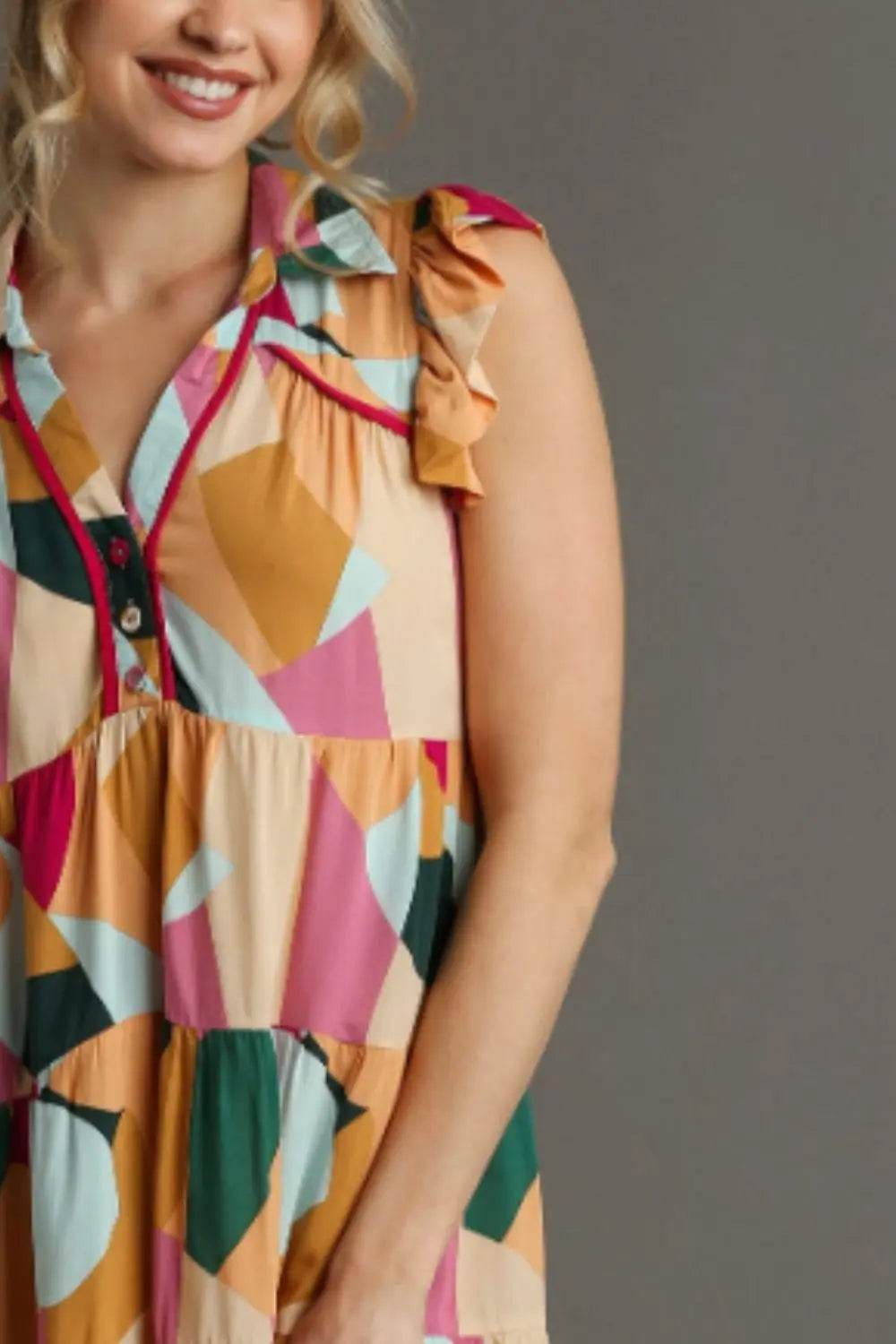 Umgee Full Size Button Detail Ruffle Sleeve Mini Dress Plus Size - Velveta Studio