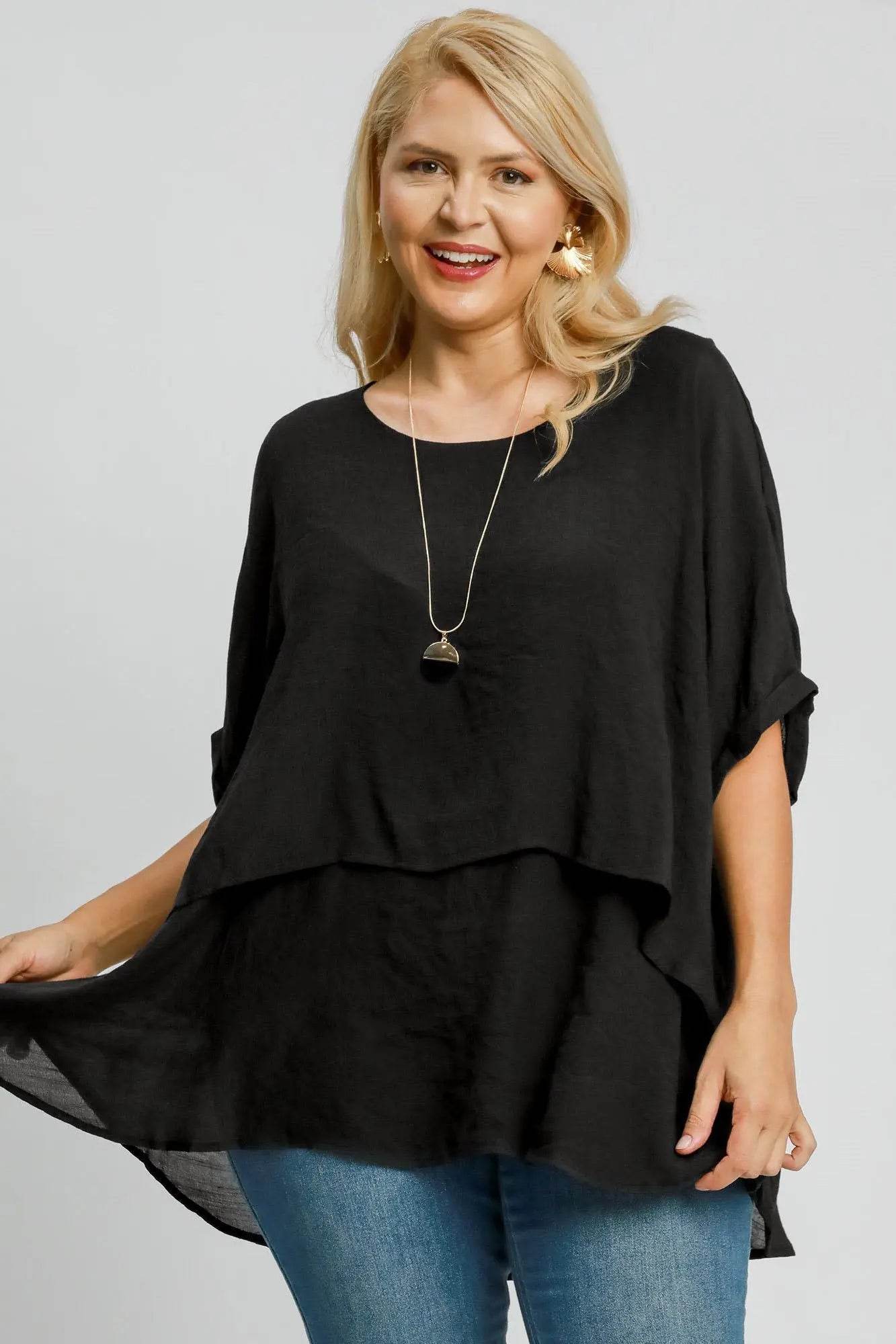Umgee Full Size Cuffed Half Sleeve Layered Top Plus Size - Velveta Studio