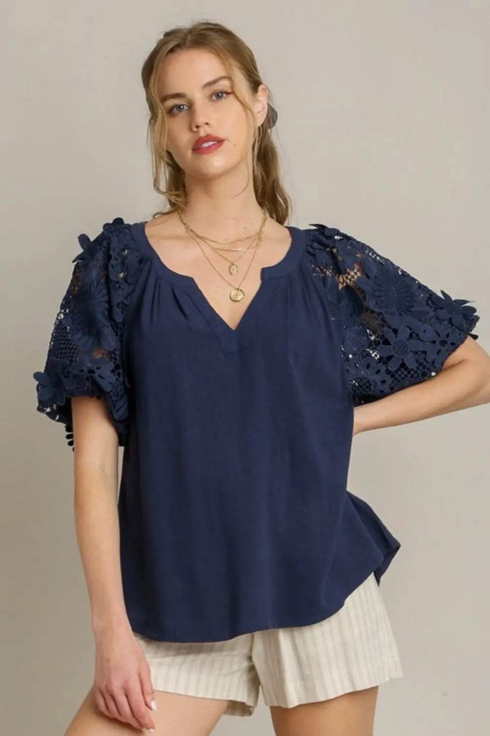 Umgee Full Size French Terry Boxy Cut Top with 3D Floral Sleeve Plus Size - Velveta Studio
