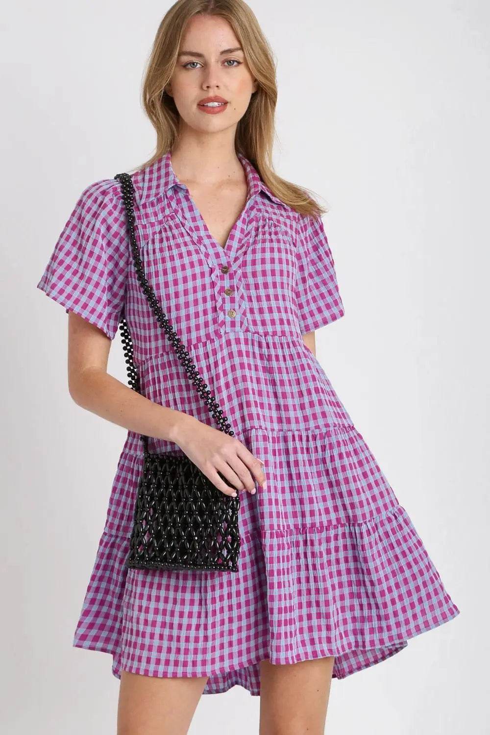 Umgee Full Size Gingham Tiered Button Detail Short Sleeve Dress Plus Size - Velveta Studio