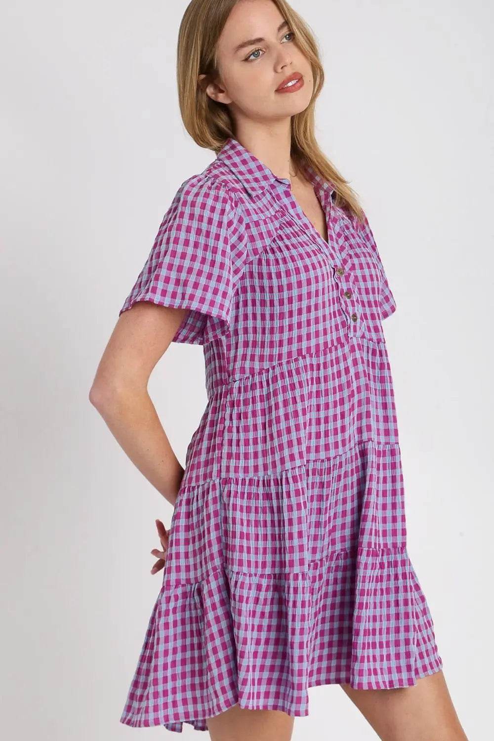 Umgee Full Size Gingham Tiered Button Detail Short Sleeve Dress Plus Size - Velveta Studio