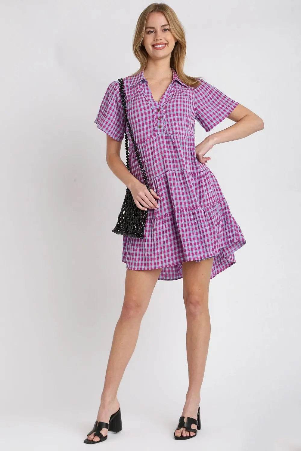Umgee Full Size Gingham Tiered Button Detail Short Sleeve Dress Plus Size - Velveta Studio