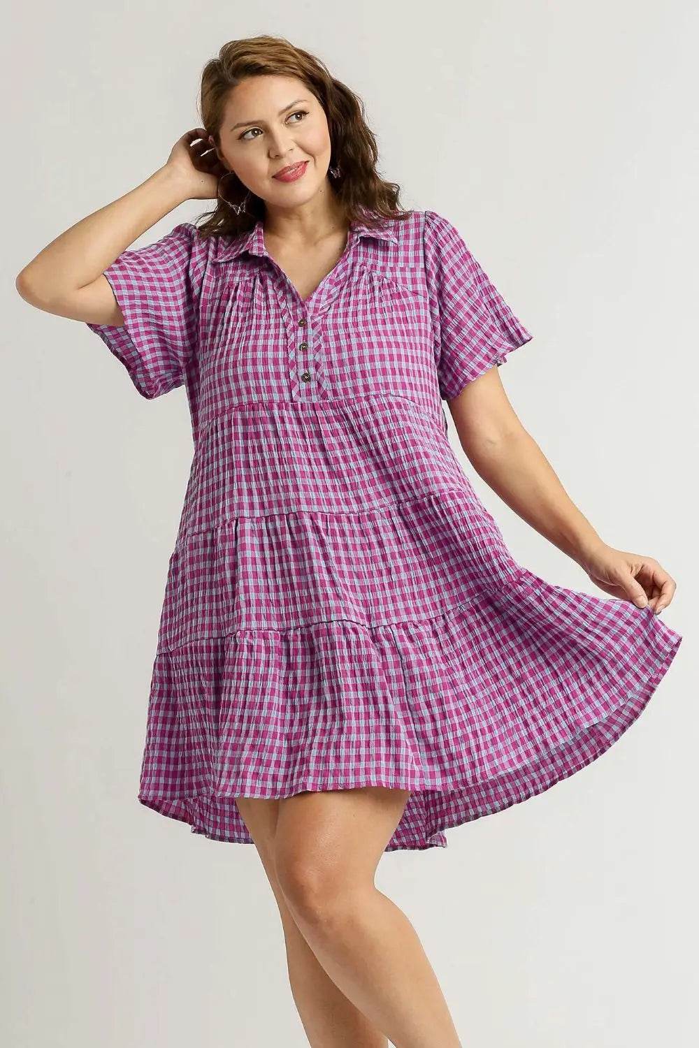 Umgee Full Size Gingham Tiered Button Detail Short Sleeve Dress Plus Size - Velveta Studio