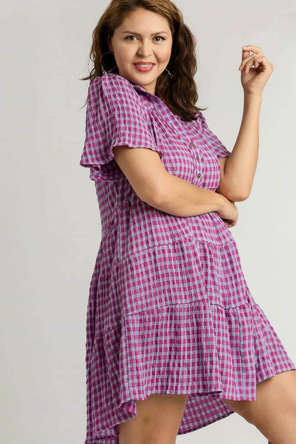 Umgee Full Size Gingham Tiered Button Detail Short Sleeve Dress Plus Size - Velveta Studio