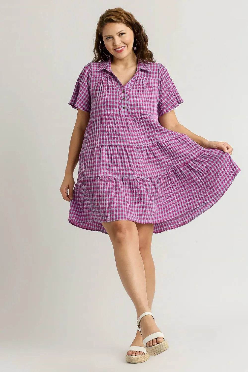 Umgee Full Size Gingham Tiered Button Detail Short Sleeve Dress Plus Size - Velveta Studio