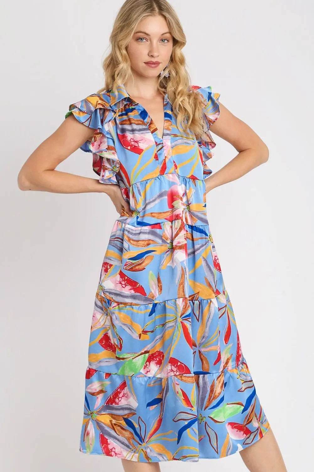 Umgee Full Size Leaf Print Double Layered Ruffle Sleeve Tiered Midi Dress Plus Size - Velveta Studio