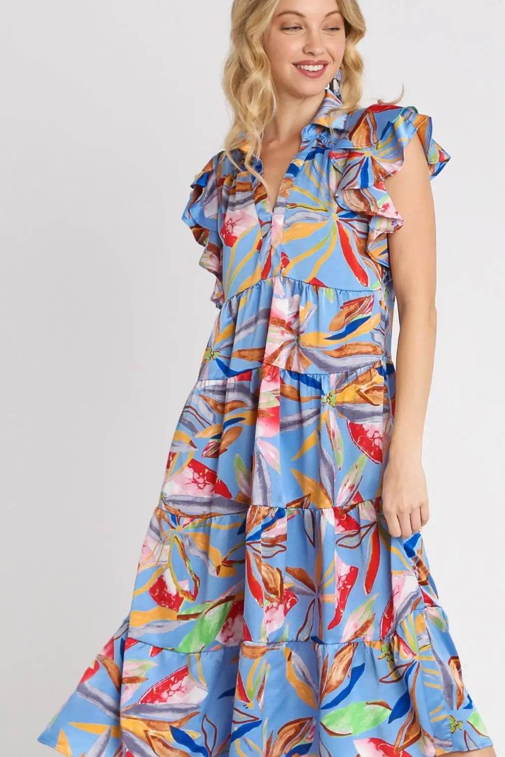 Umgee Full Size Leaf Print Double Layered Ruffle Sleeve Tiered Midi Dress Plus Size - Velveta Studio