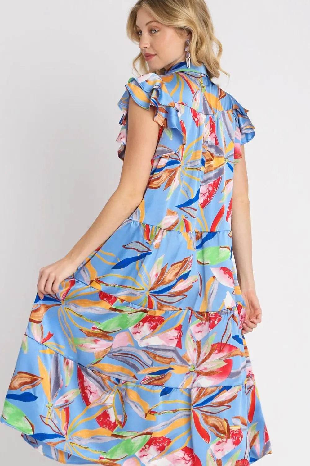 Umgee Full Size Leaf Print Double Layered Ruffle Sleeve Tiered Midi Dress Plus Size - Velveta Studio