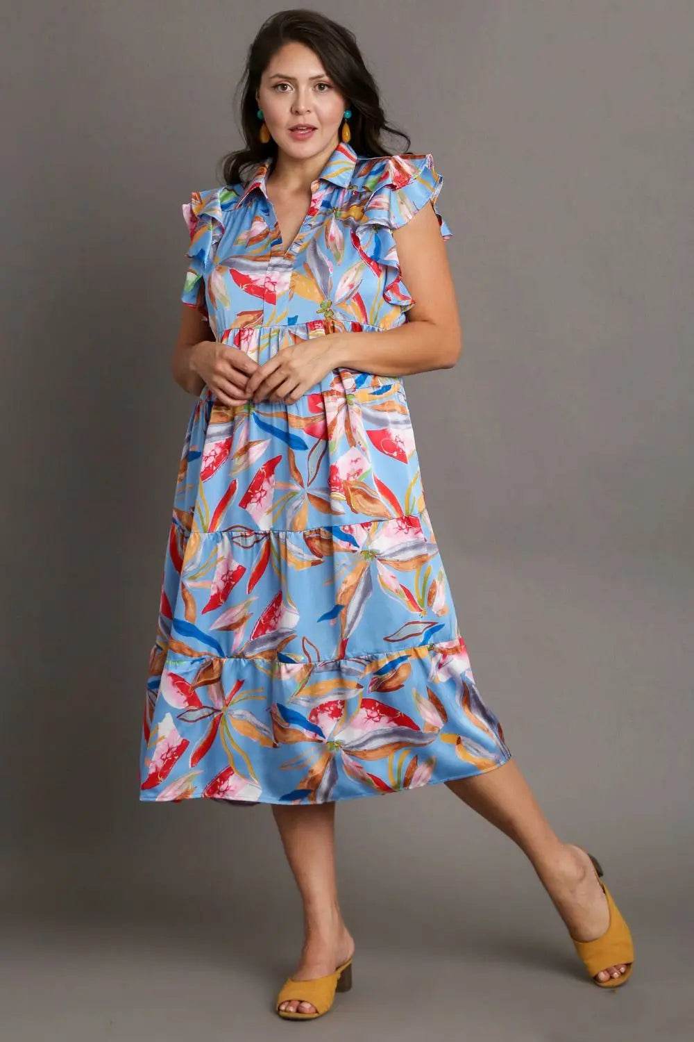 Umgee Full Size Leaf Print Double Layered Ruffle Sleeve Tiered Midi Dress Plus Size - Velveta Studio