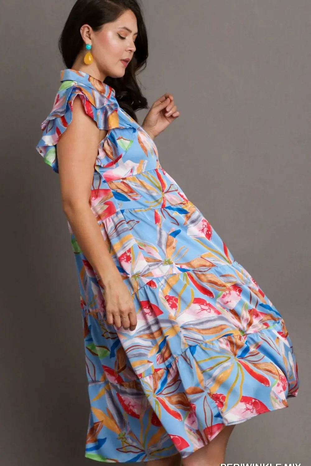 Umgee Full Size Leaf Print Double Layered Ruffle Sleeve Tiered Midi Dress Plus Size - Velveta Studio