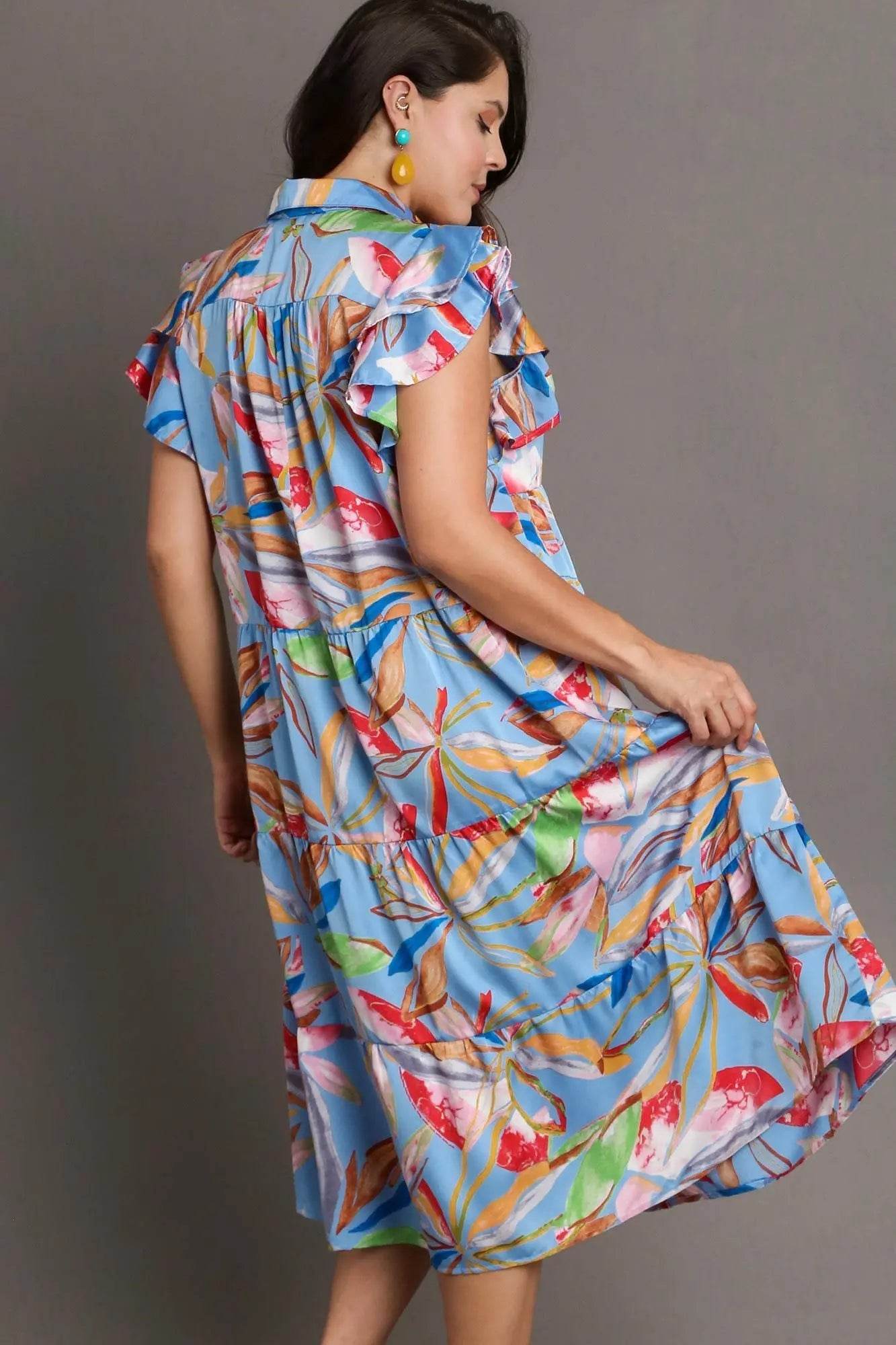 Umgee Full Size Leaf Print Double Layered Ruffle Sleeve Tiered Midi Dress Plus Size - Velveta Studio