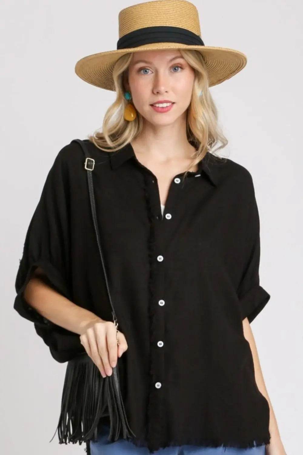 Umgee Full Size Linen Blend Button Down Shirt Plus Size - Velveta Studio