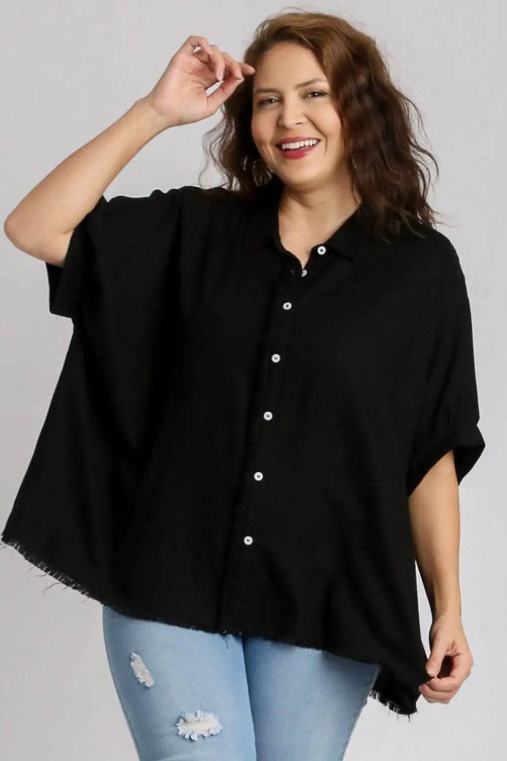 Umgee Full Size Linen Blend Button Down Shirt Plus Size - Velveta Studio