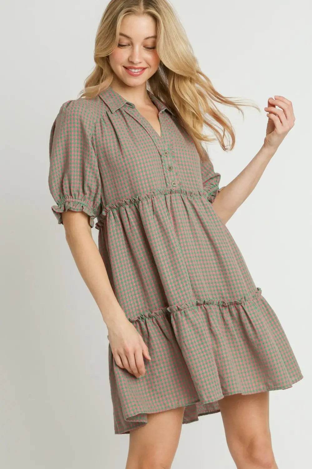 Umgee Full Size Plaid Frill Button Detail Ruffled Short Sleeve Dress Plus Size - Velveta Studio
