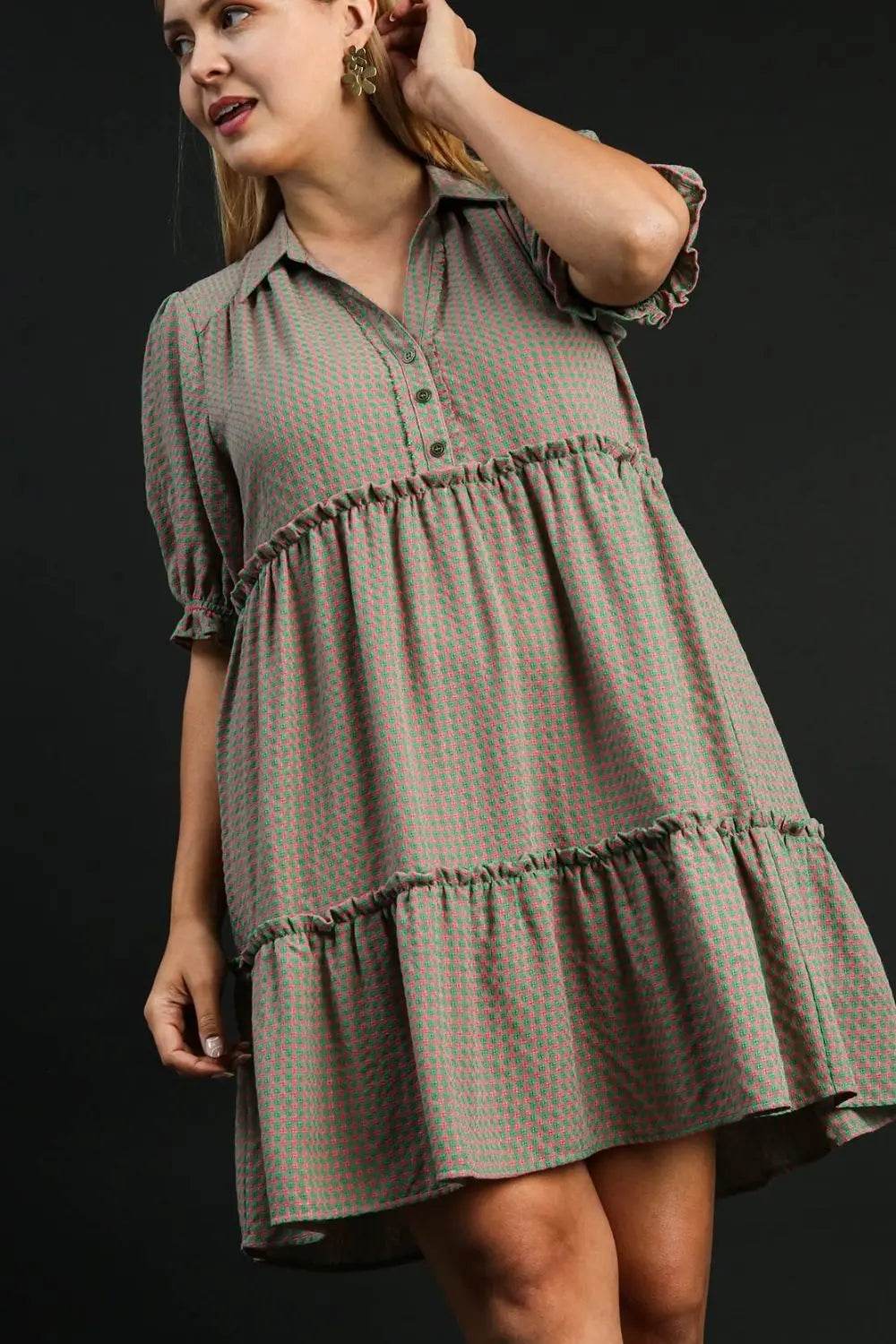 Umgee Full Size Plaid Frill Button Detail Ruffled Short Sleeve Dress Plus Size - Velveta Studio