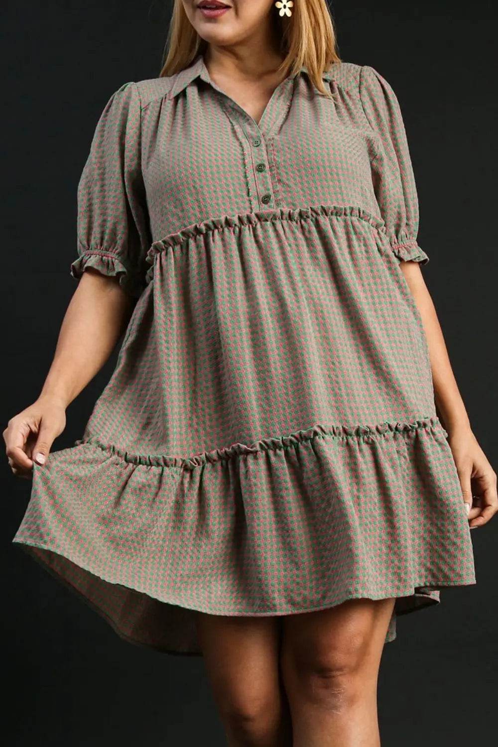 Umgee Full Size Plaid Frill Button Detail Ruffled Short Sleeve Dress Plus Size - Velveta Studio