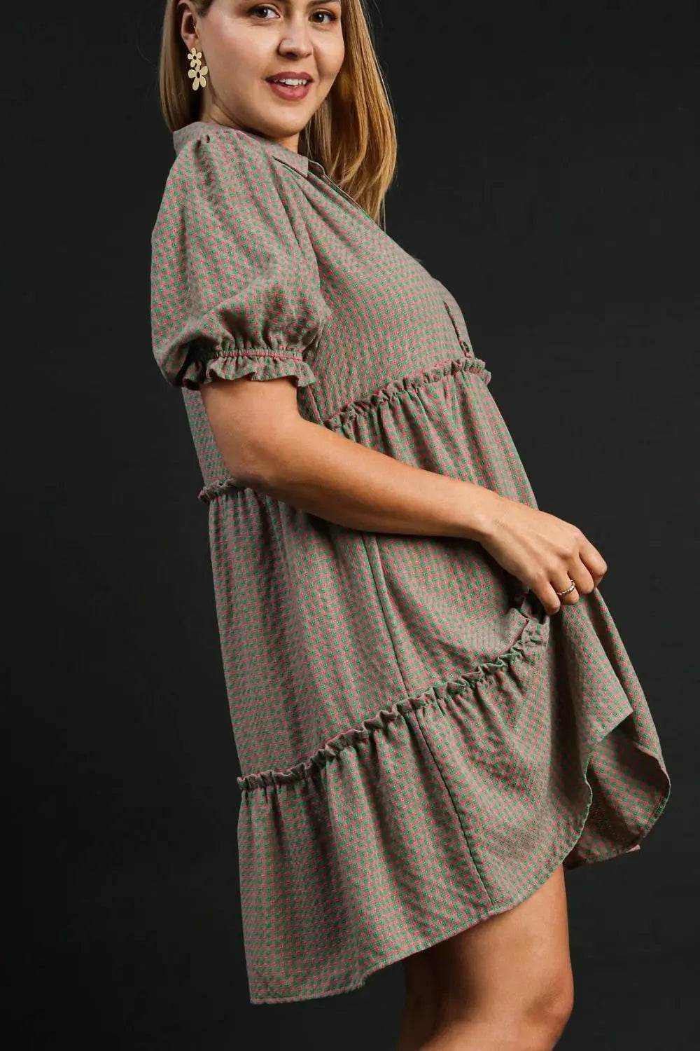 Umgee Full Size Plaid Frill Button Detail Ruffled Short Sleeve Dress Plus Size - Velveta Studio
